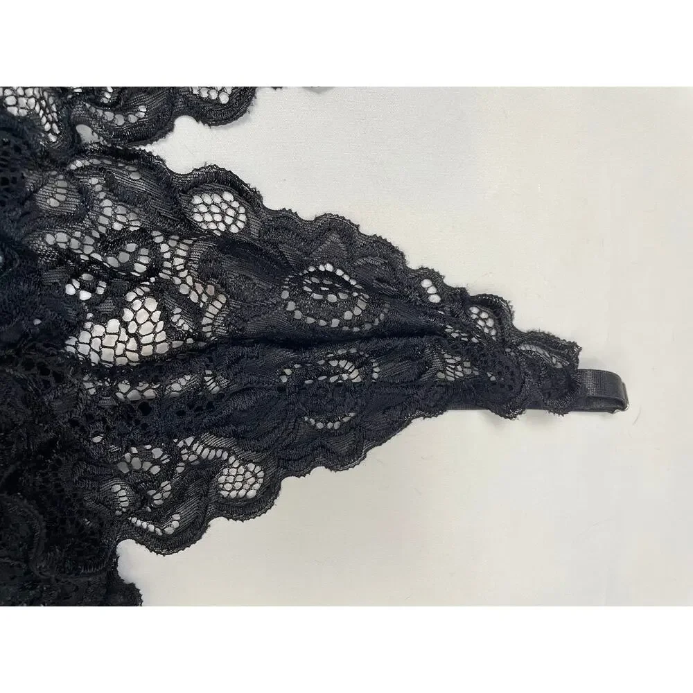 Women's Sheer Black Lace Bralette Sexy Lingerie‎ Deep V Cropped Top Boho Small